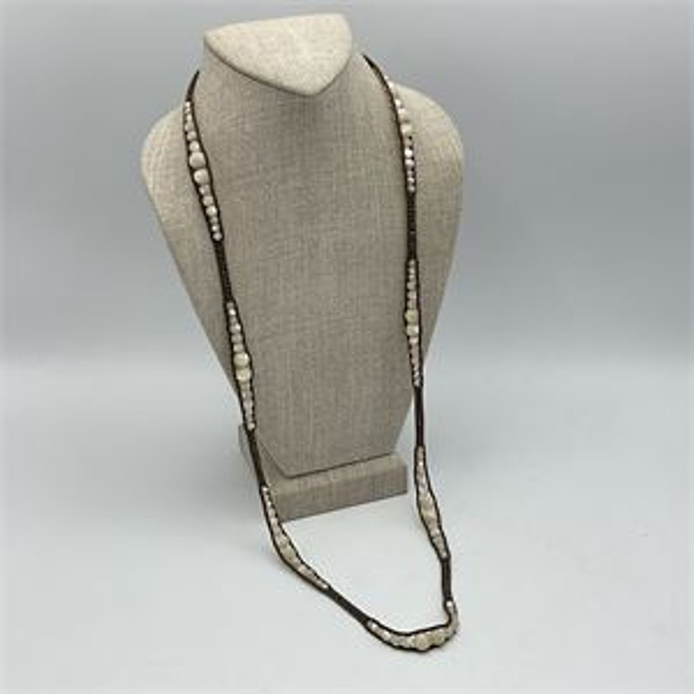 Chan Luu 36 Inch Sterling Silver Bead Carved Stone Leather Corded Necklace